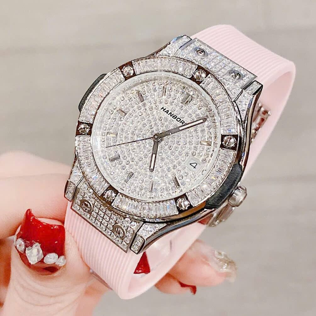 Dong Ho Nu Hanboro Dang Hublot Day Cao Su Vo Silver Dinh Da 34mm 3